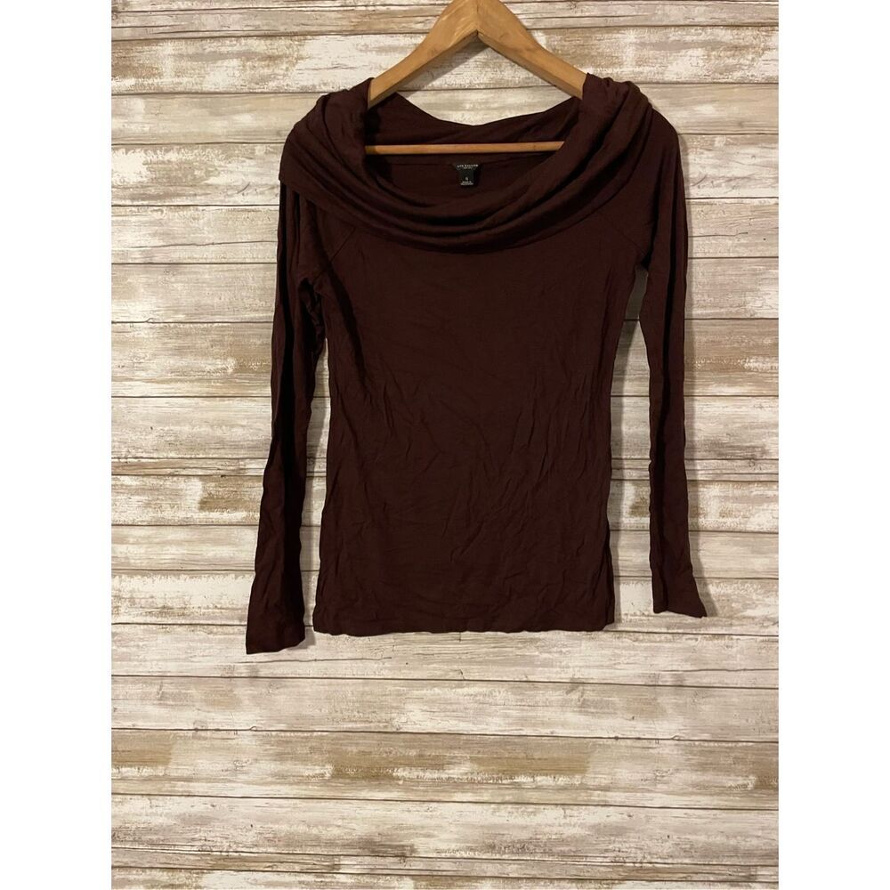 Ann Taylor Drape Collar Plum Long Sleeve Shirt Small Stretch Blouse Wine Burgund